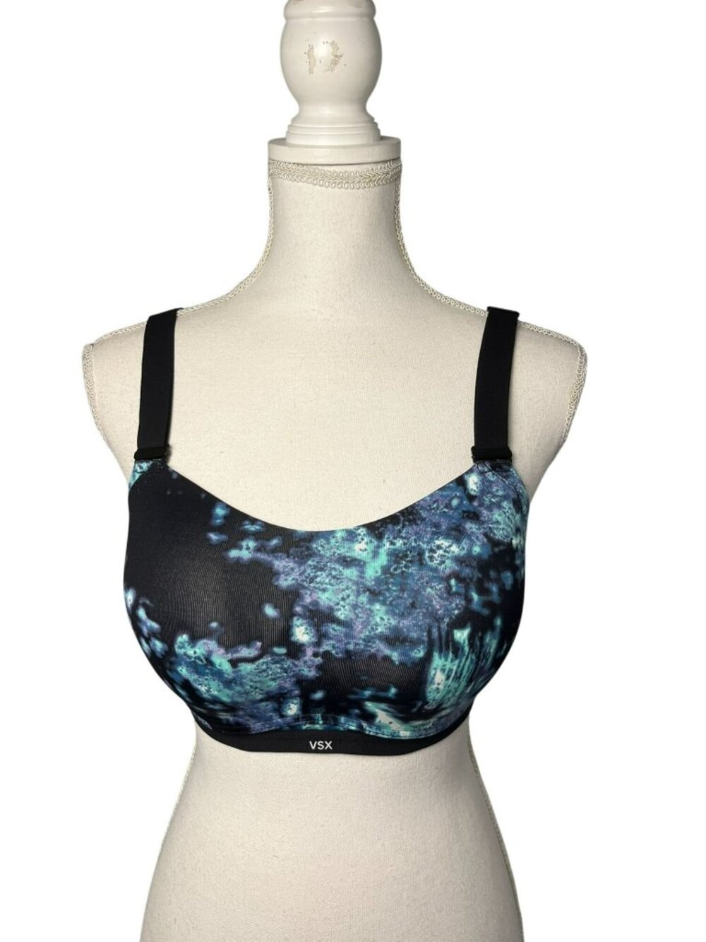 Victoria's Secret VSX Sport Bra 34D Black Tie-Dye Print USED Wireless